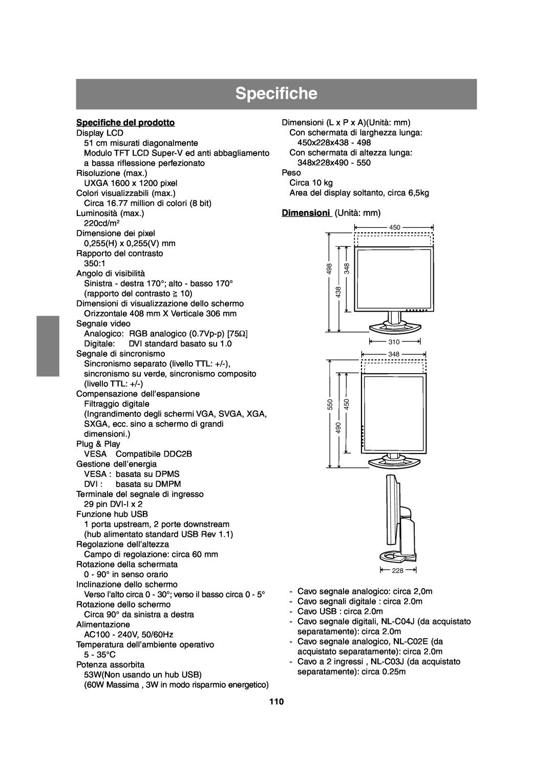 Sharp LL-T2020 operation manual Specifiche del prodotto, Dimensioni Unità mm 
