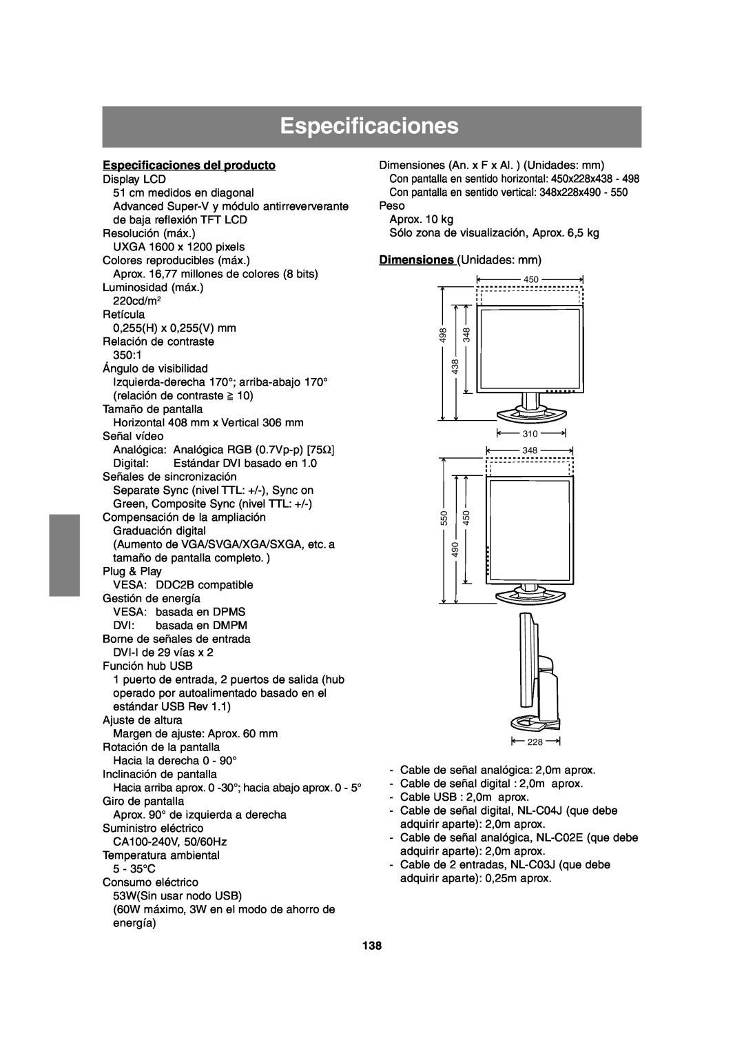 Sharp LL-T2020 operation manual Especificaciones del producto, Dimensiones Unidades mm 
