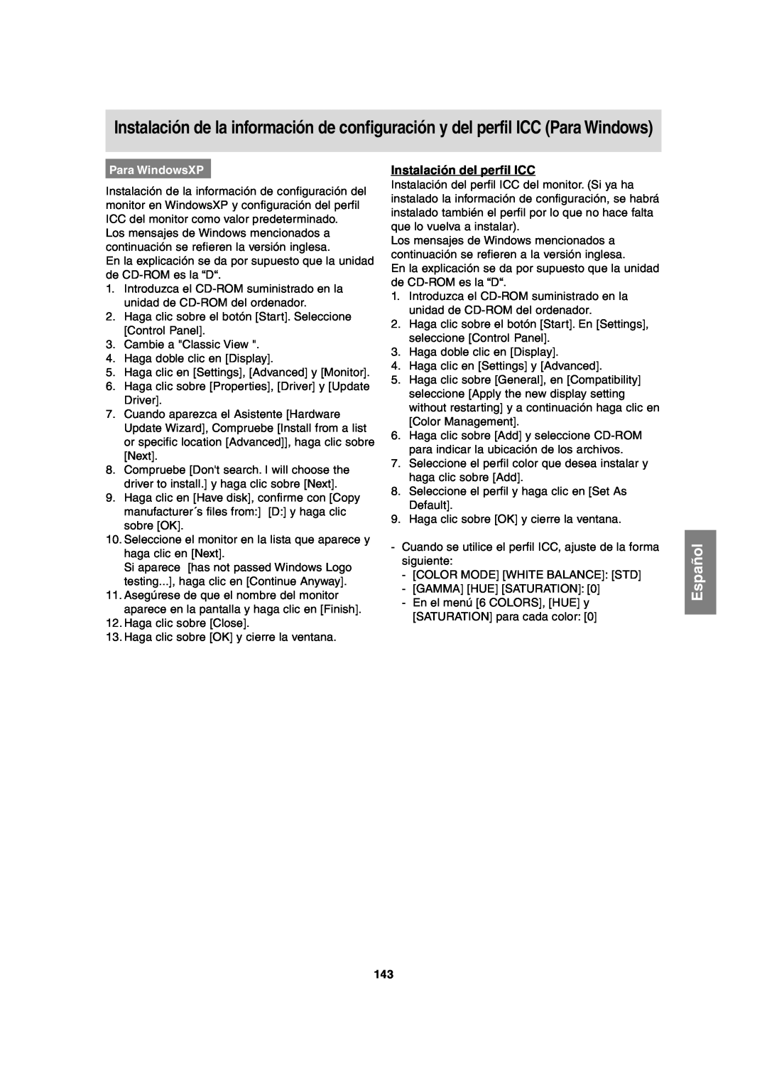 Sharp LL-T2020 operation manual Instalación del perfil ICC, Para WindowsXP, Español 