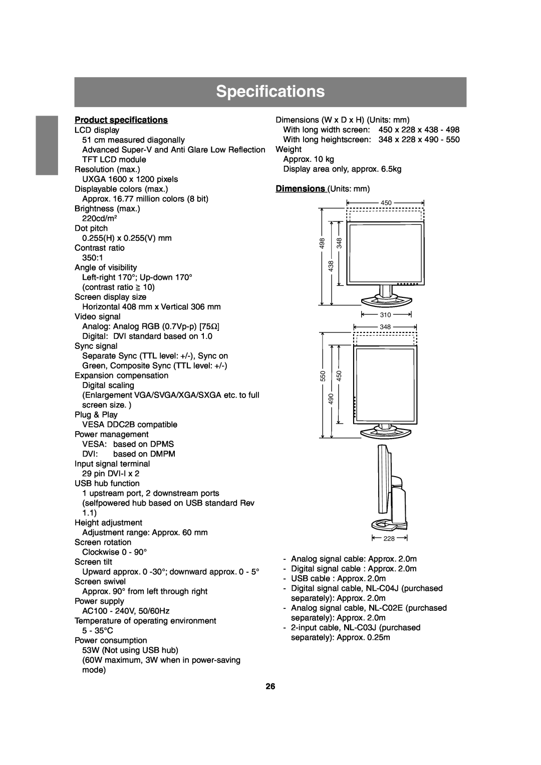 Sharp LL-T2020 operation manual Specifications, Product specifications 
