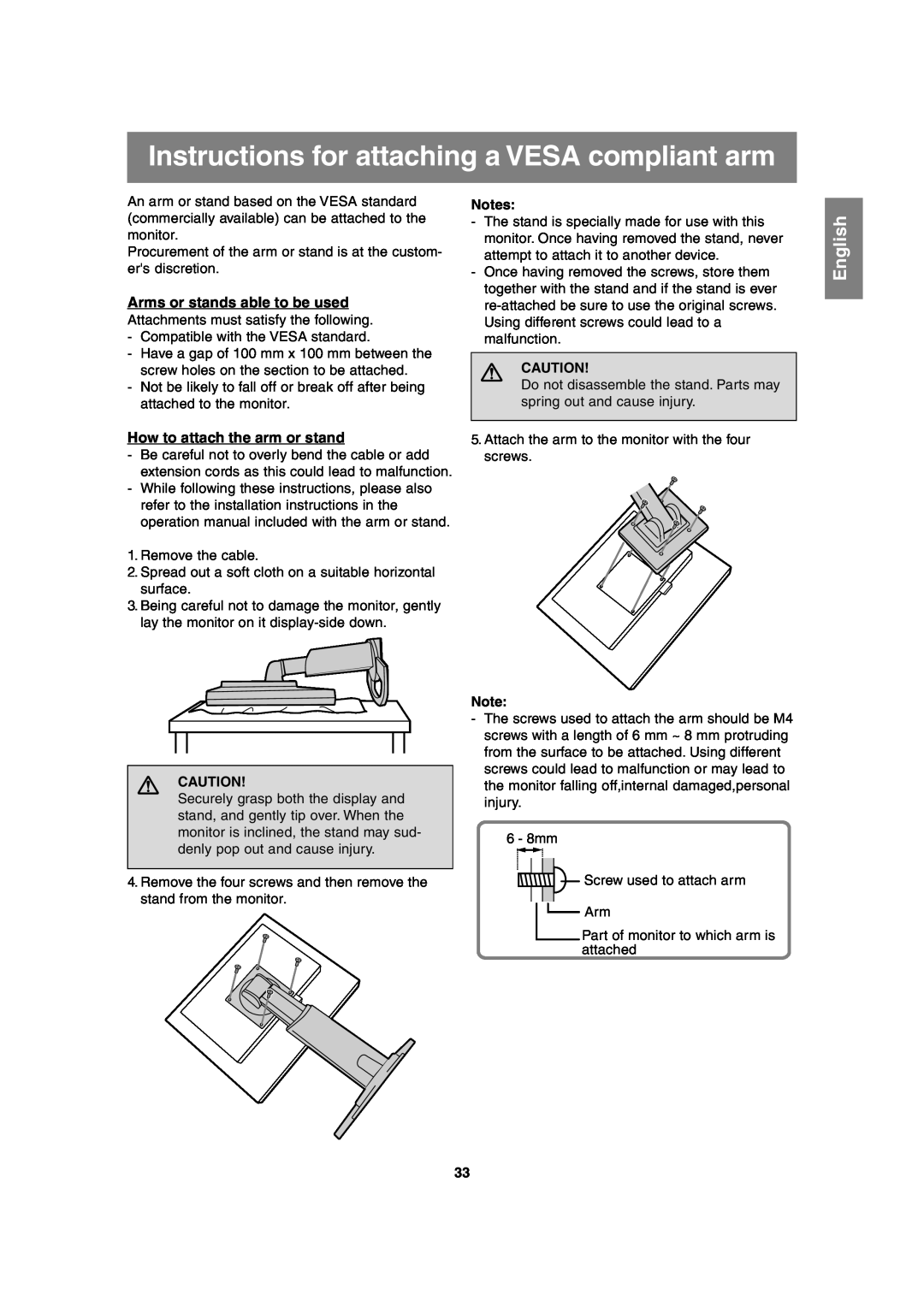 Sharp LL-T2020 operation manual Instructions for attaching a VESA compliant arm, Arms or stands able to be used, English 