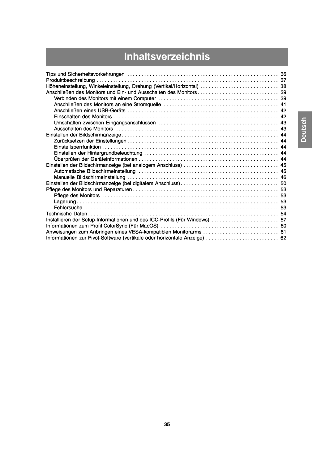 Sharp LL-T2020 operation manual Inhaltsverzeichnis, Deutsch 
