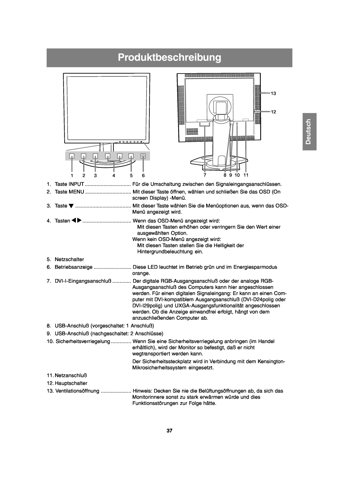 Sharp LL-T2020 operation manual Produktbeschreibung, Deutsch 