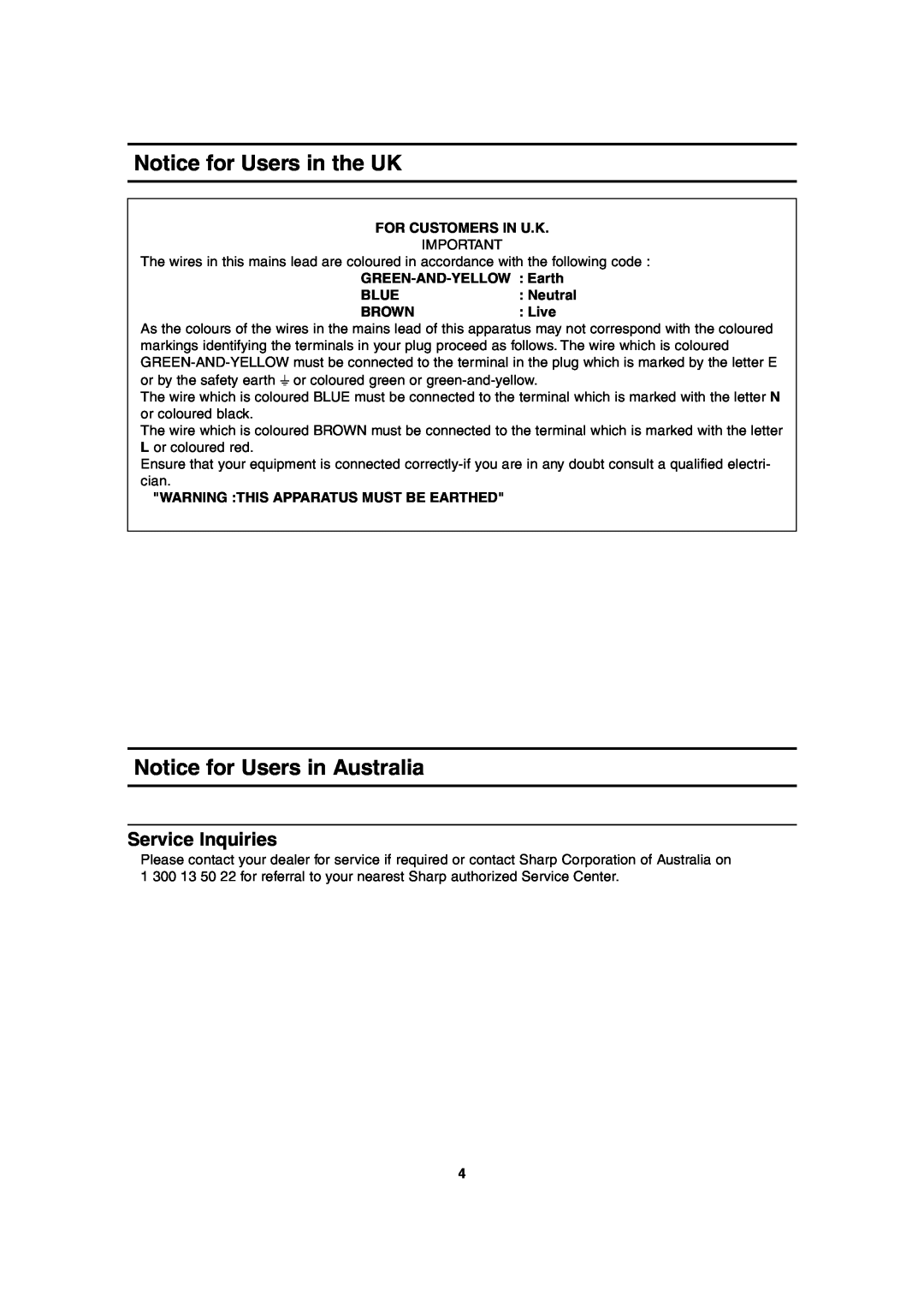 Sharp LL-T2020 Notice for Users in the UK, Notice for Users in Australia, Service Inquiries, For Customers In U.K, Blue 
