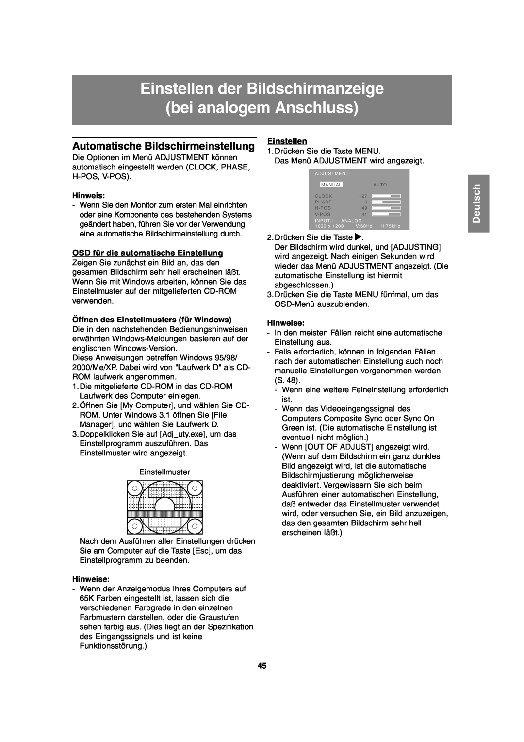 Sharp LL-T2020 Einstellen der Bildschirmanzeige bei analogem Anschluss, Automatische Bildschirmeinstellung, Deutsch 