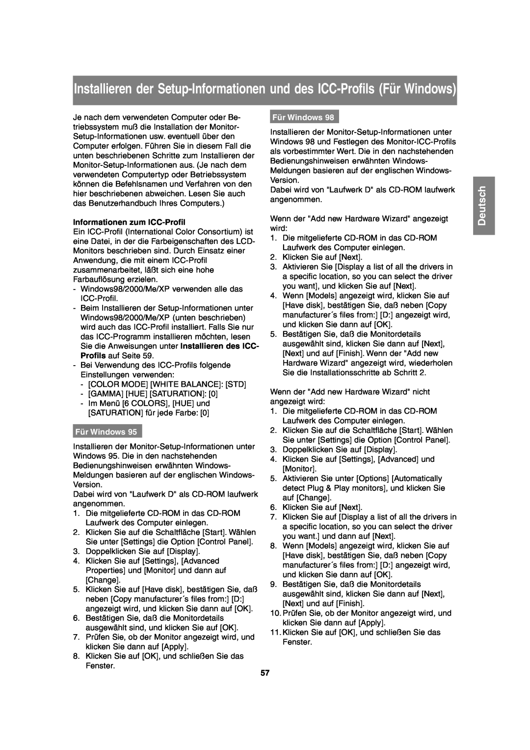 Sharp LL-T2020 operation manual Informationen zum ICC-Profil, Für Windows, Deutsch 