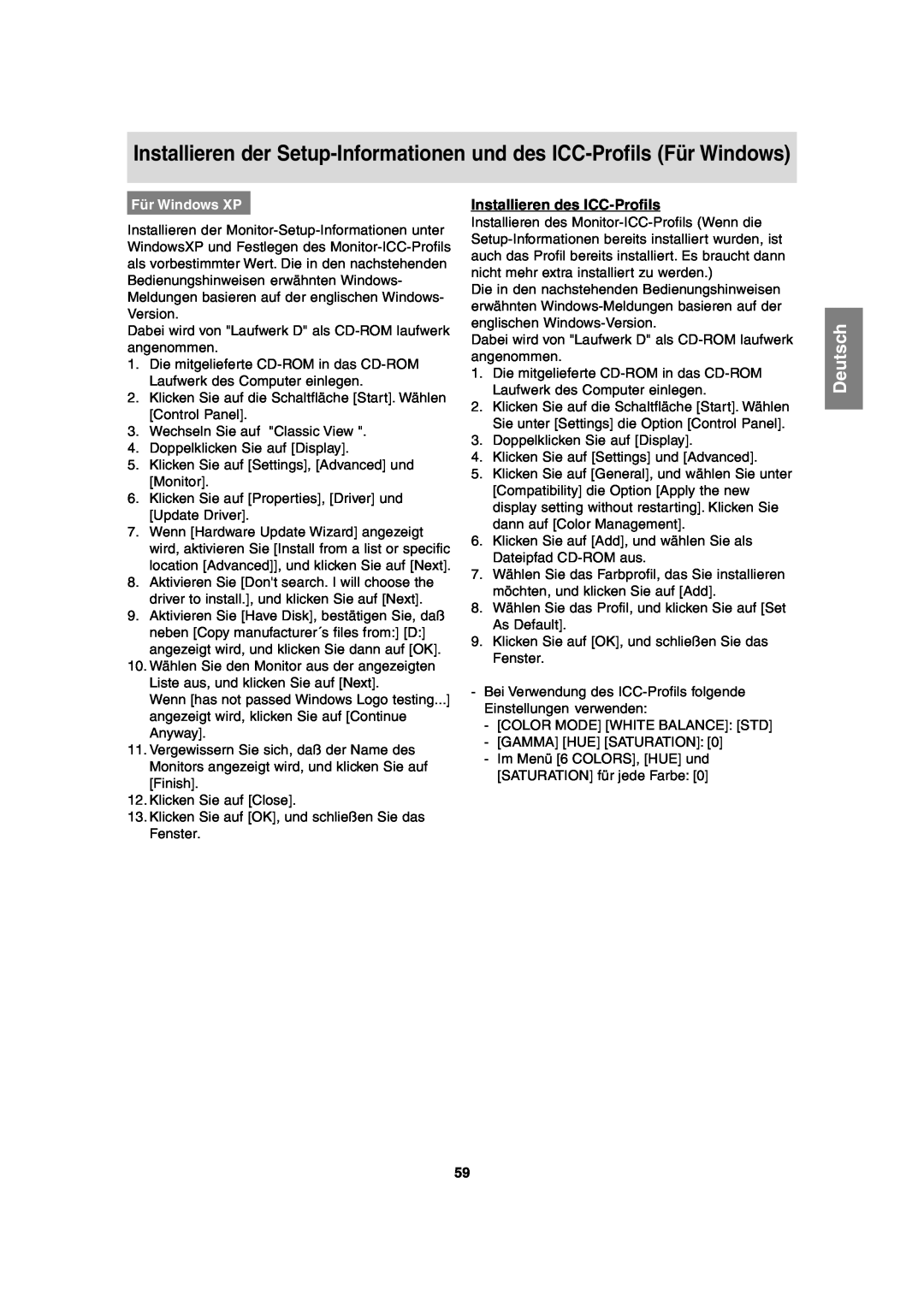 Sharp LL-T2020 operation manual Installieren des ICC-Profils, Für Windows XP, Deutsch 