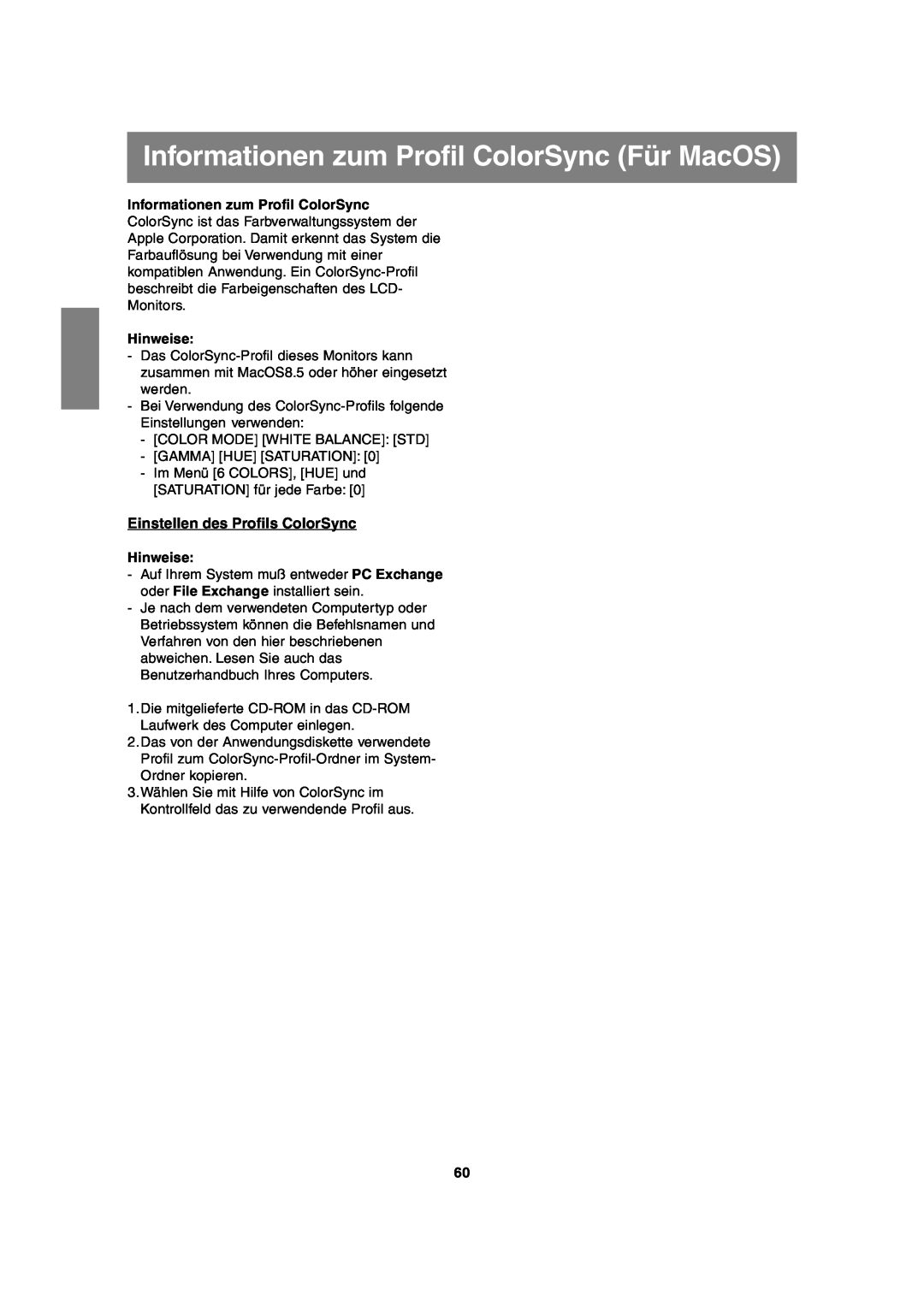Sharp LL-T2020 operation manual Informationen zum Profil ColorSync Für MacOS, Einstellen des Profils ColorSync, Hinweise 