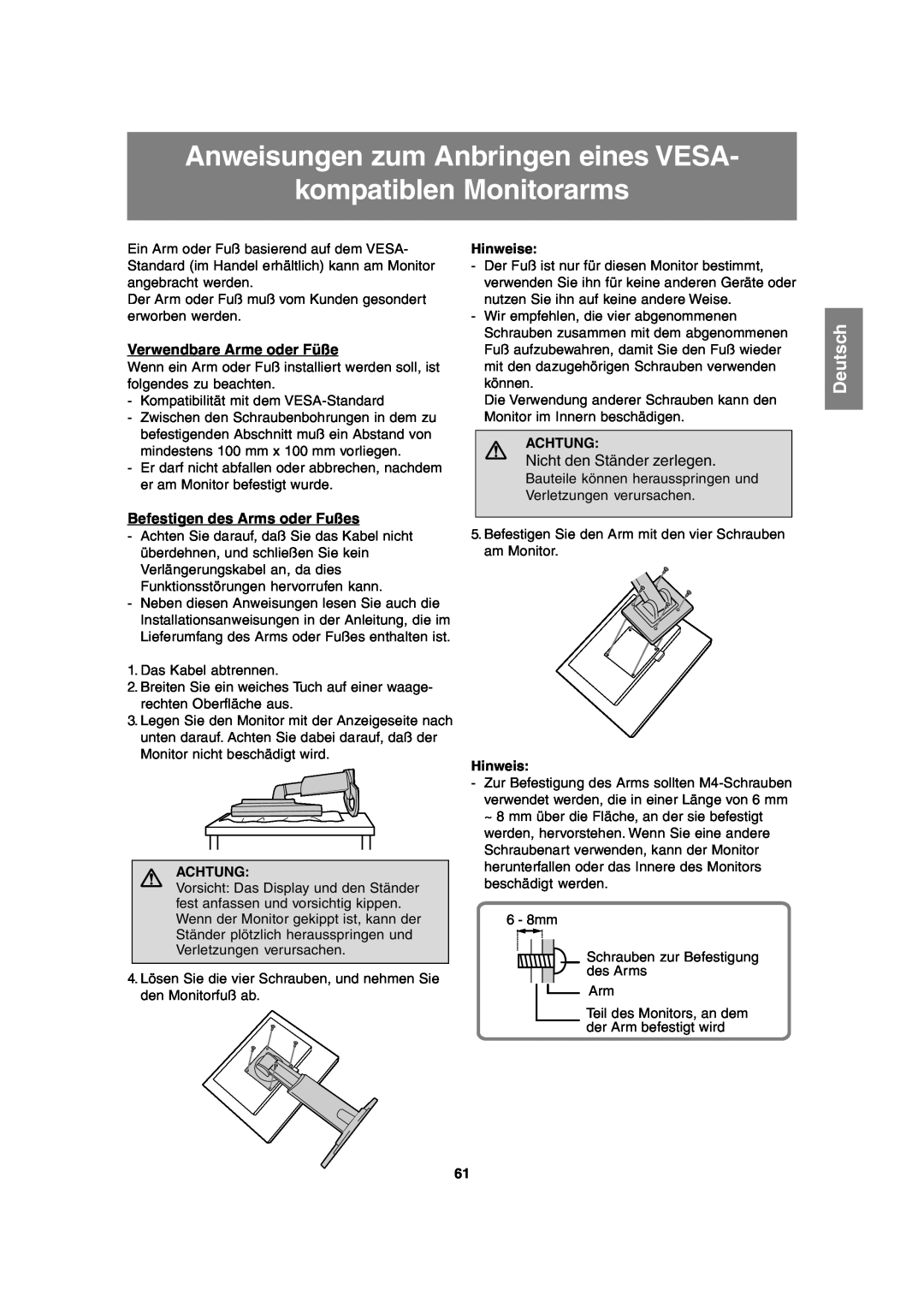 Sharp LL-T2020 Anweisungen zum Anbringen eines VESA kompatiblen Monitorarms, Verwendbare Arme oder Füße, Deutsch, Achtung 