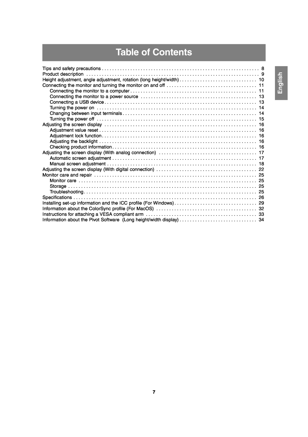 Sharp LL-T2020 operation manual Table of Contents, English 