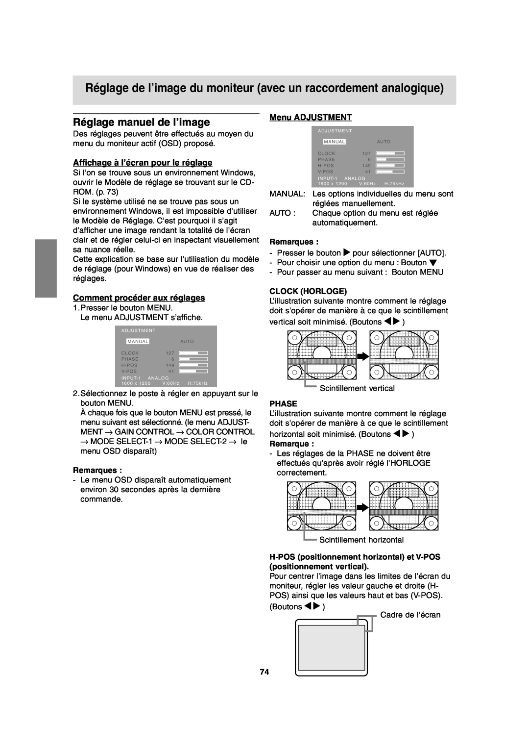 Sharp LL-T2020 Réglage de l’image du moniteur avec un raccordement analogique, Réglage manuel de l’image, Menu ADJUSTMENT 