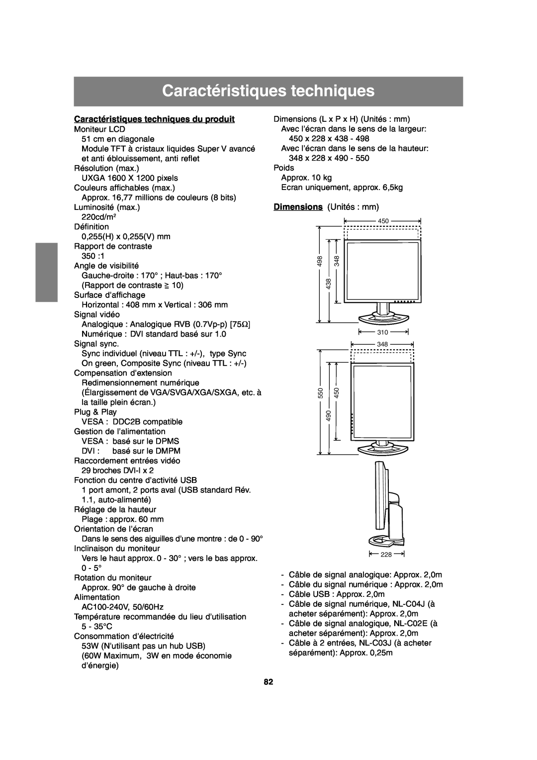 Sharp LL-T2020 operation manual Caractéristiques techniques du produit, Dimensions Unités mm 