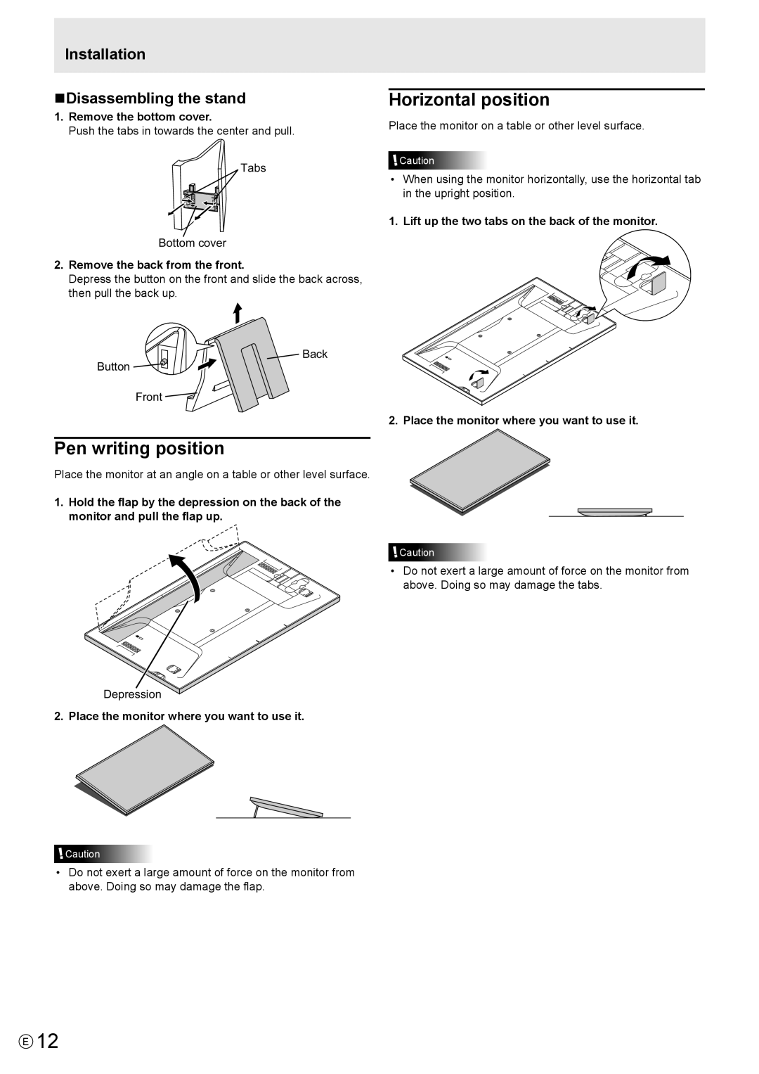 Sharp LLS201A, LL-S201A operation manual Horizontal position, Pen writing position, Installation NDisassembling the stand 