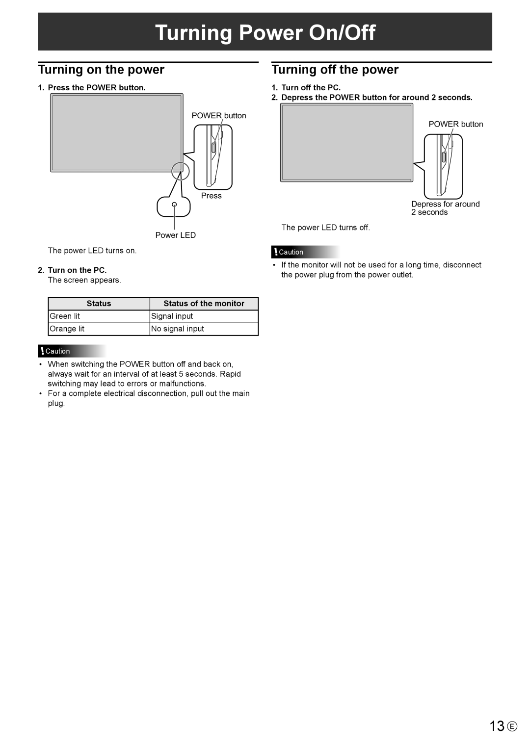 Sharp LL-S201A, LLS201A operation manual Turning Power On/Off, 13 E, Turning on the power, Turning off the power 