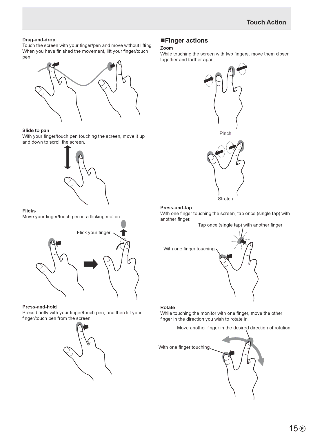 Sharp LL-S201A, LLS201A operation manual 15 E, Touch Action, NFinger actions 