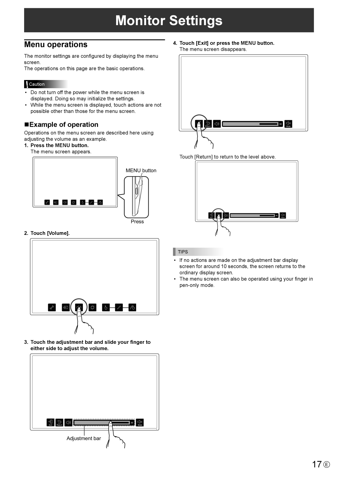 Sharp LL-S201A, LLS201A operation manual Monitor Settings, 17 E, Menu operations, NExample of operation, Touch Volume 