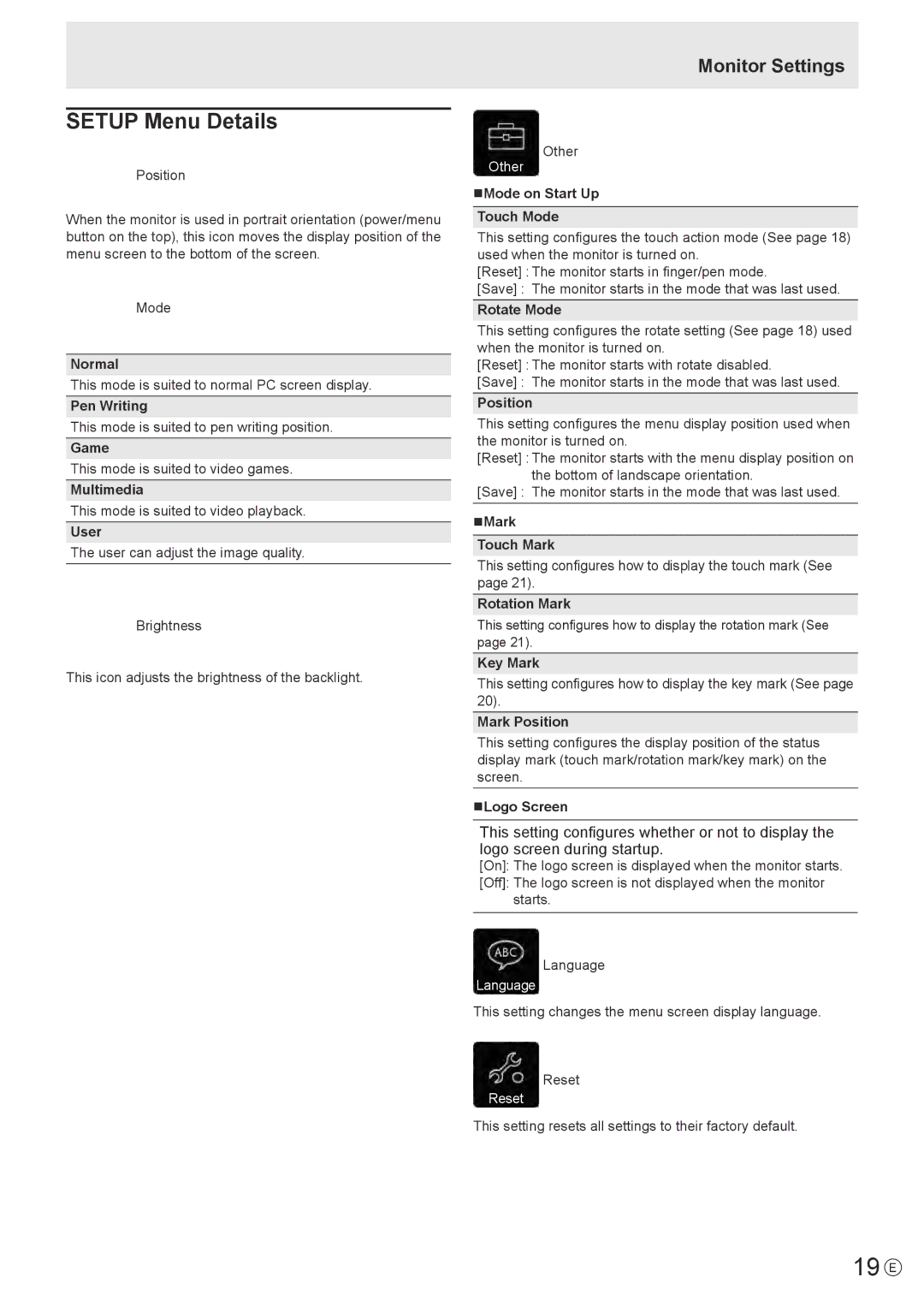 Sharp LL-S201A, LLS201A operation manual 19 E, Setup Menu Details 