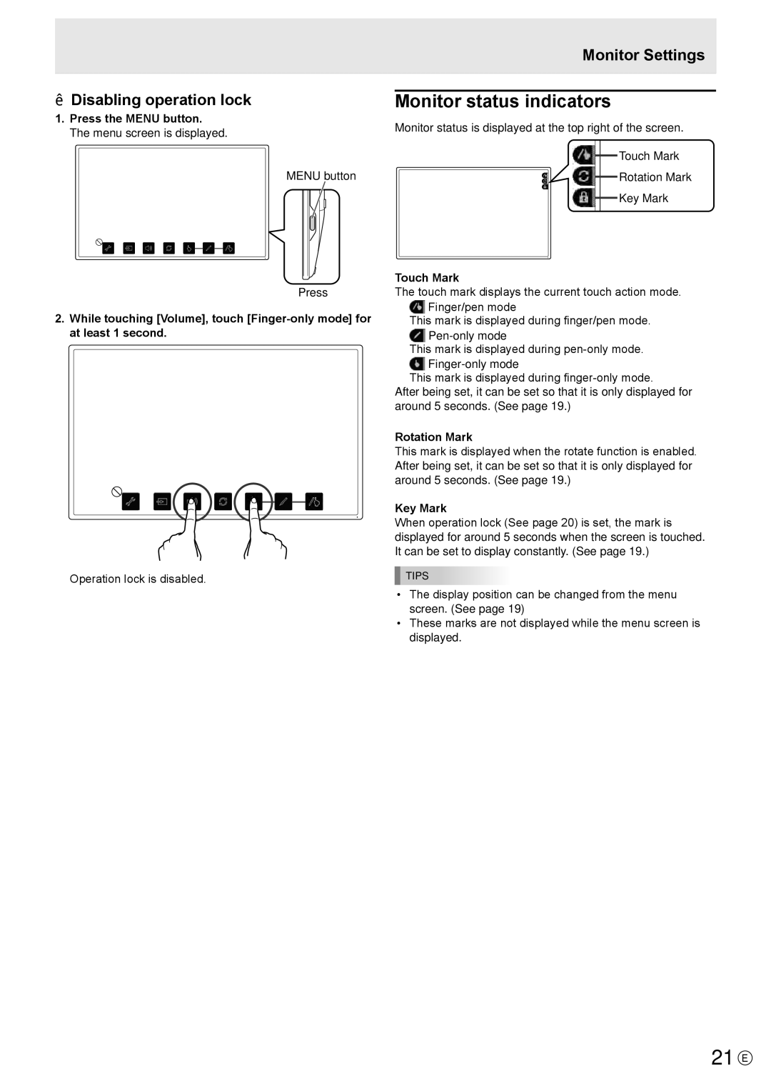 Sharp LL-S201A, LLS201A operation manual 21 E, Monitor status indicators,  Disabling operation lock 