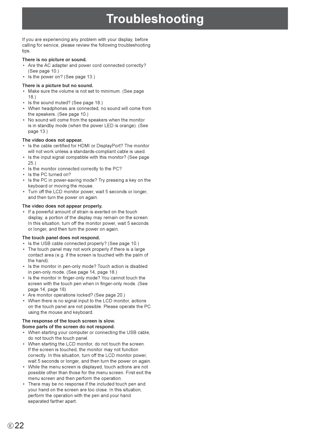 Sharp LLS201A, LL-S201A operation manual Troubleshooting 