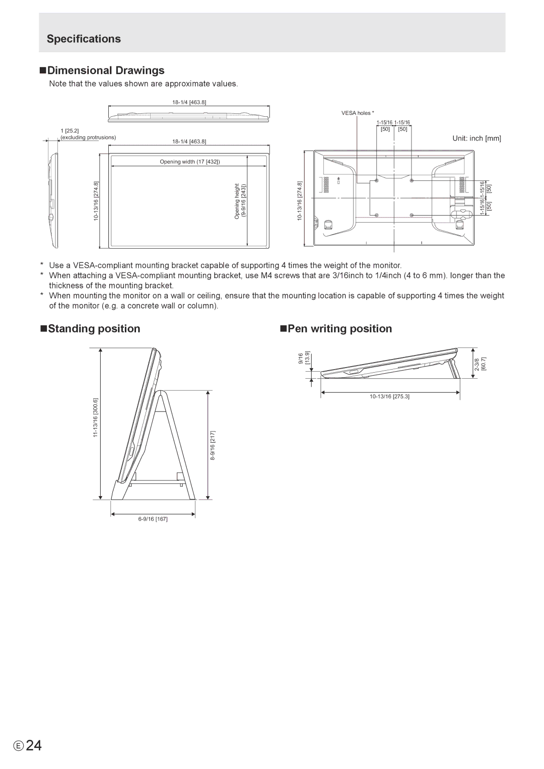 Sharp LLS201A, LL-S201A operation manual Specifications NDimensional Drawings, NStanding position, NPen writing position 