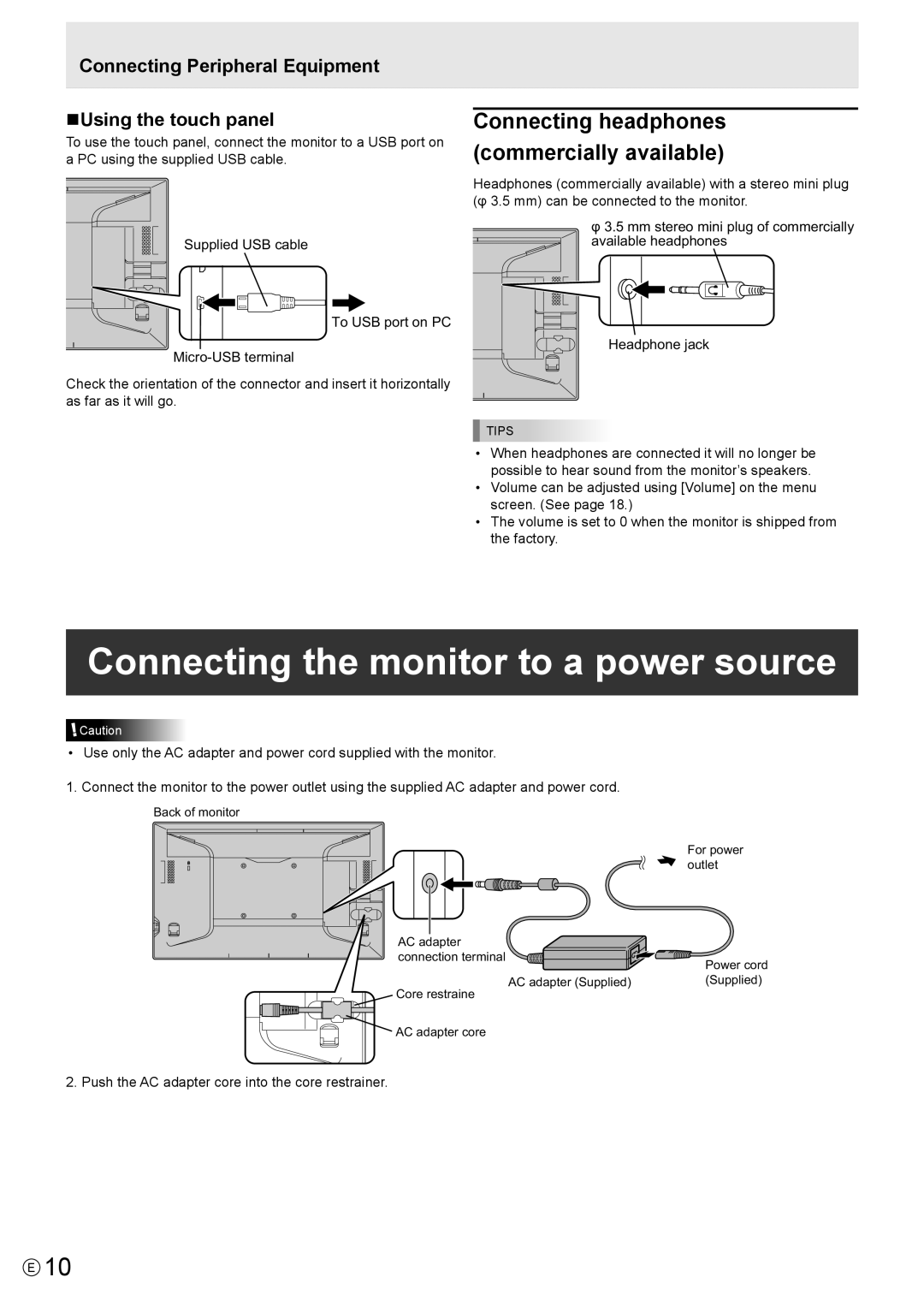 Sharp LLS201A, LL-S201A Connecting the monitor to a power source, Connecting Peripheral Equipment NUsing the touch panel 