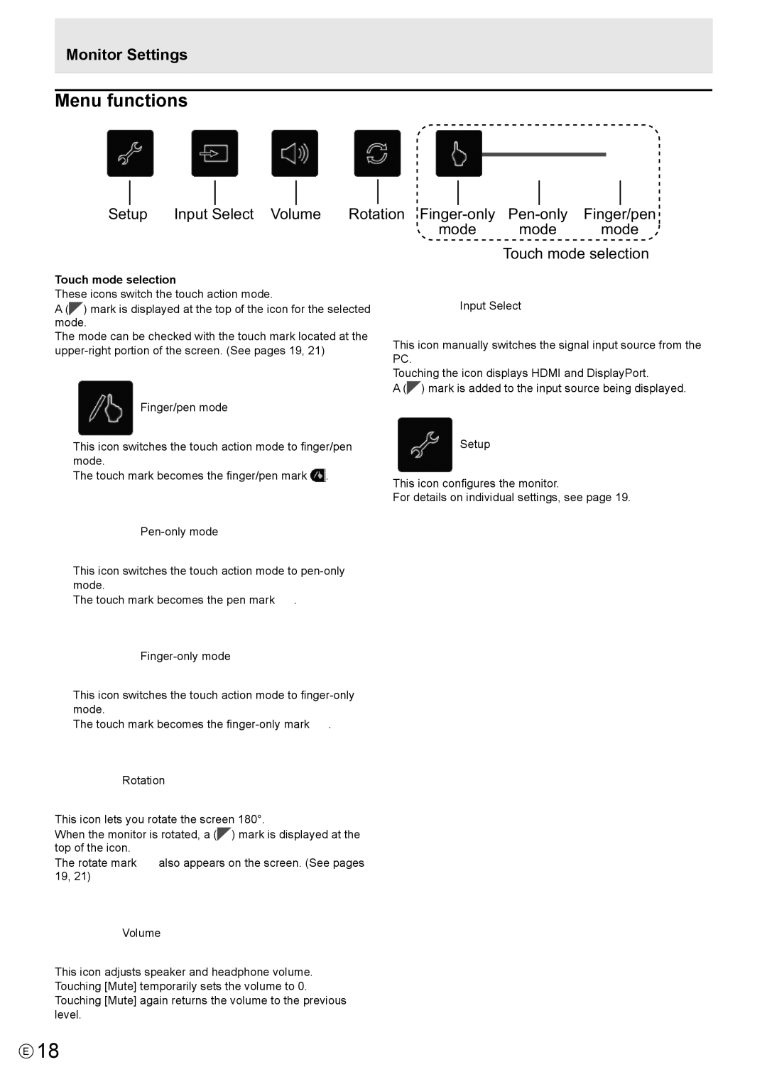 Sharp LLS201A, LL-S201A operation manual Menu functions, Monitor Settings, Touch mode selection 