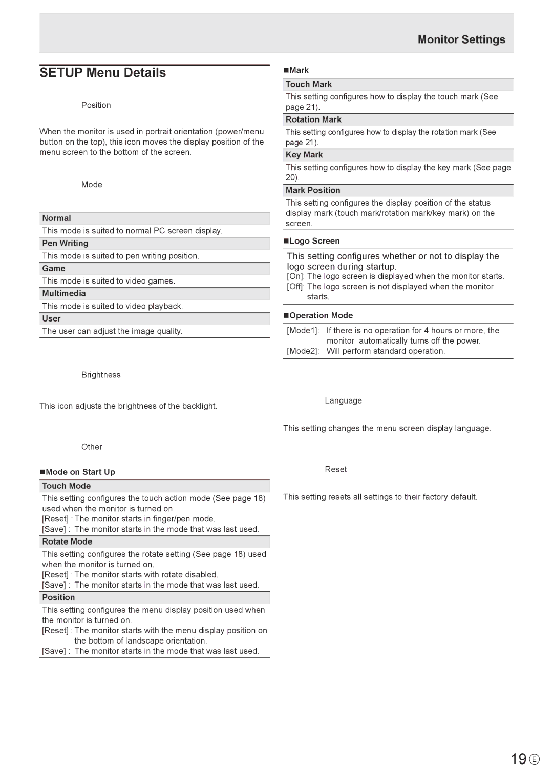 Sharp LL-S201A, LLS201A operation manual 19 E, Setup Menu Details 