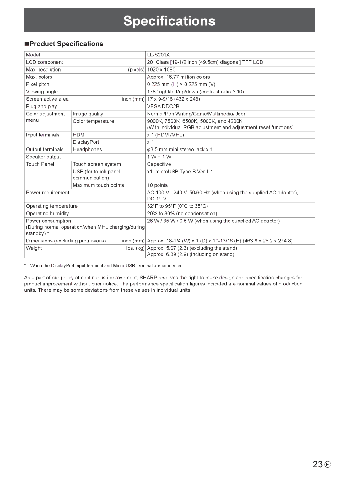 Sharp LL-S201A, LLS201A operation manual 23 E, NProduct Specifications 