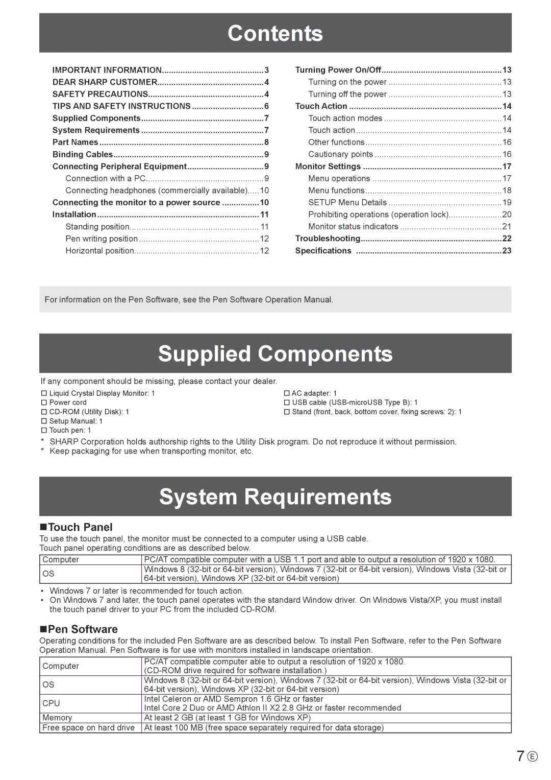 Sharp LL-S201A, LLS201A operation manual Contents, Supplied Components, System Requirements 