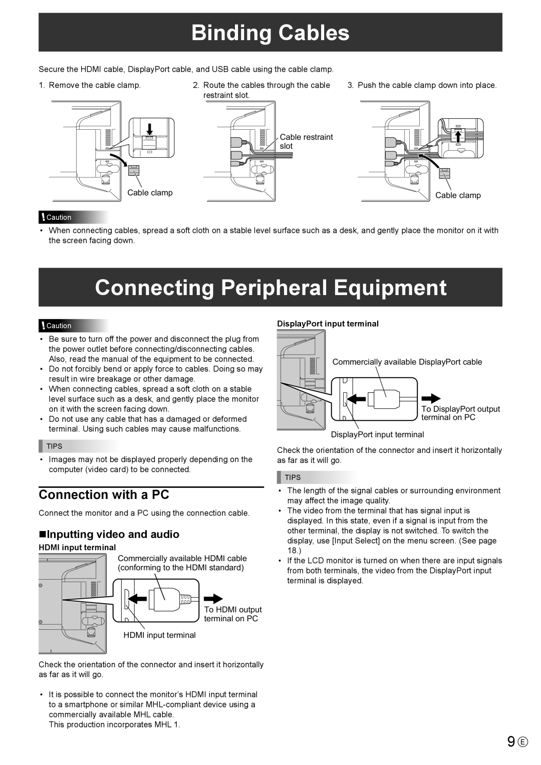 Sharp LL-S201A, LLS201A Binding Cables, Connecting Peripheral Equipment, Connection with a PC, NInputting video and audio 