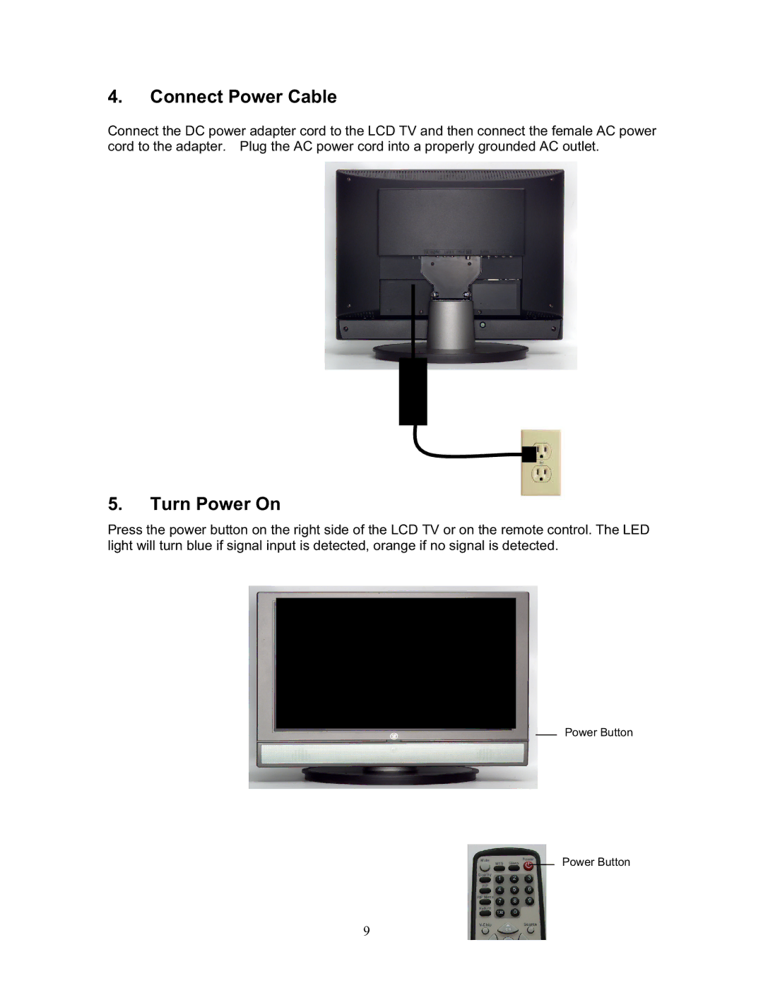 Sharp LTV-19w3 manual Connect Power Cable, Turn Power On 