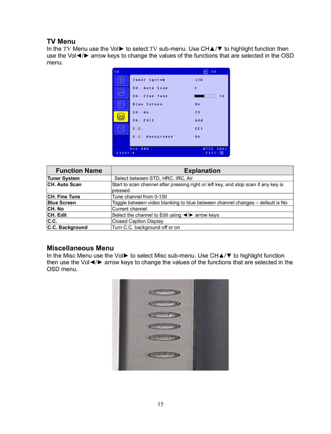 Sharp LTV-19w3 manual TV Menu, Miscellaneous Menu 