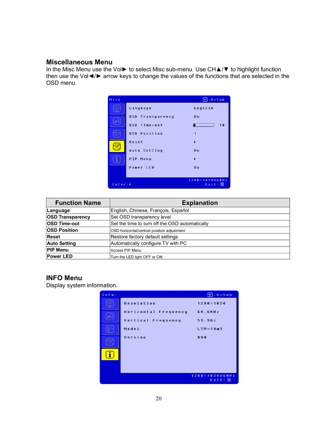 Sharp LTV-19w3 manual Miscellaneous Menu, Info Menu 