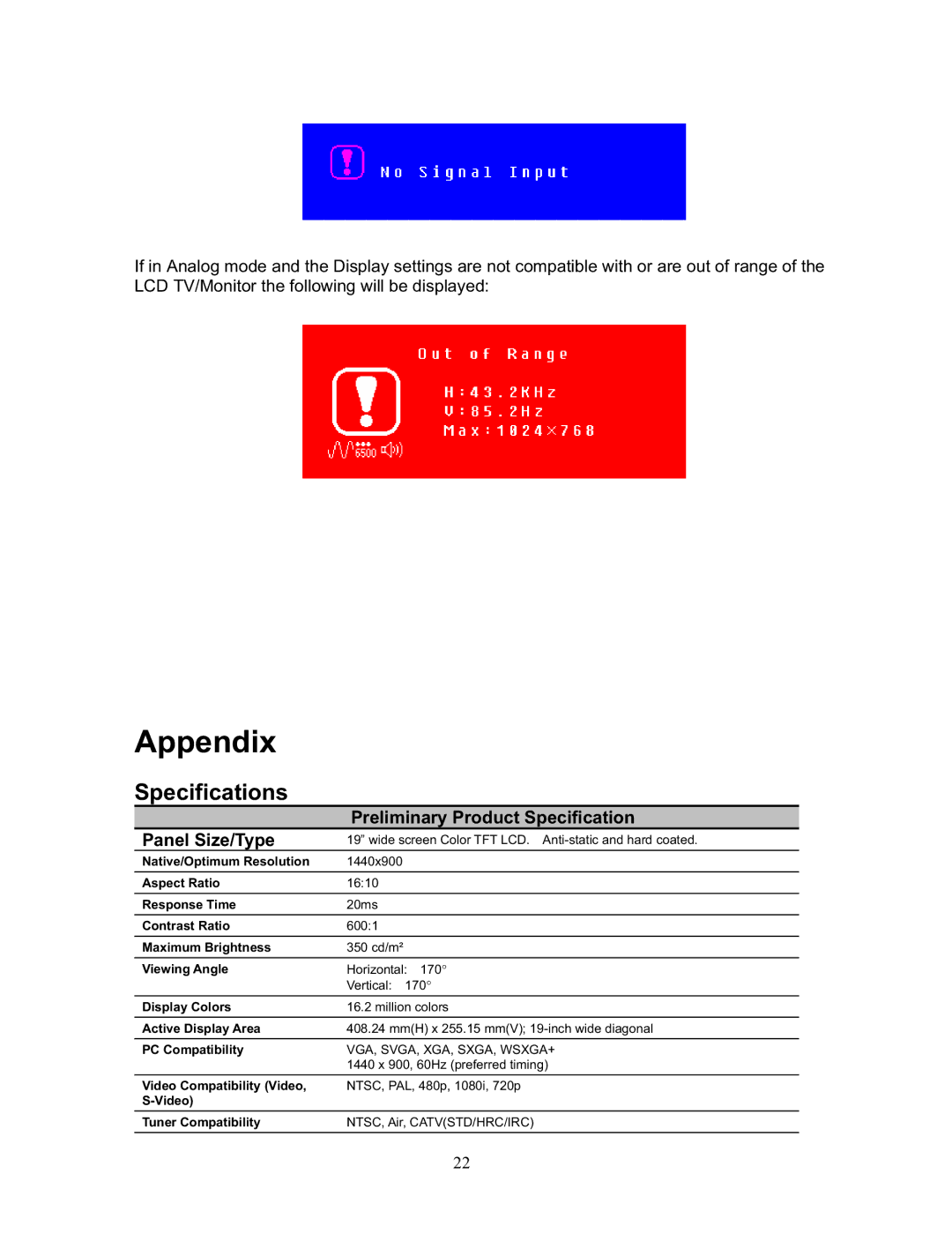 Sharp LTV-19w3 manual Appendix, Specifications 