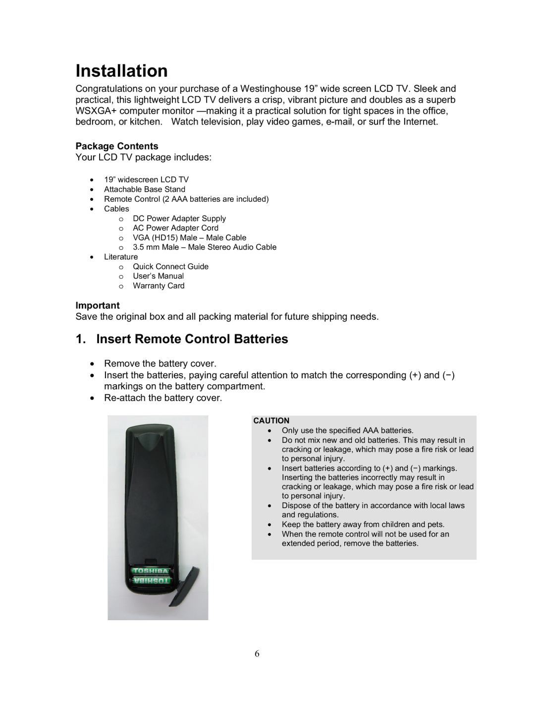 Sharp LTV-19w3 manual Insert Remote Control Batteries, Package Contents 