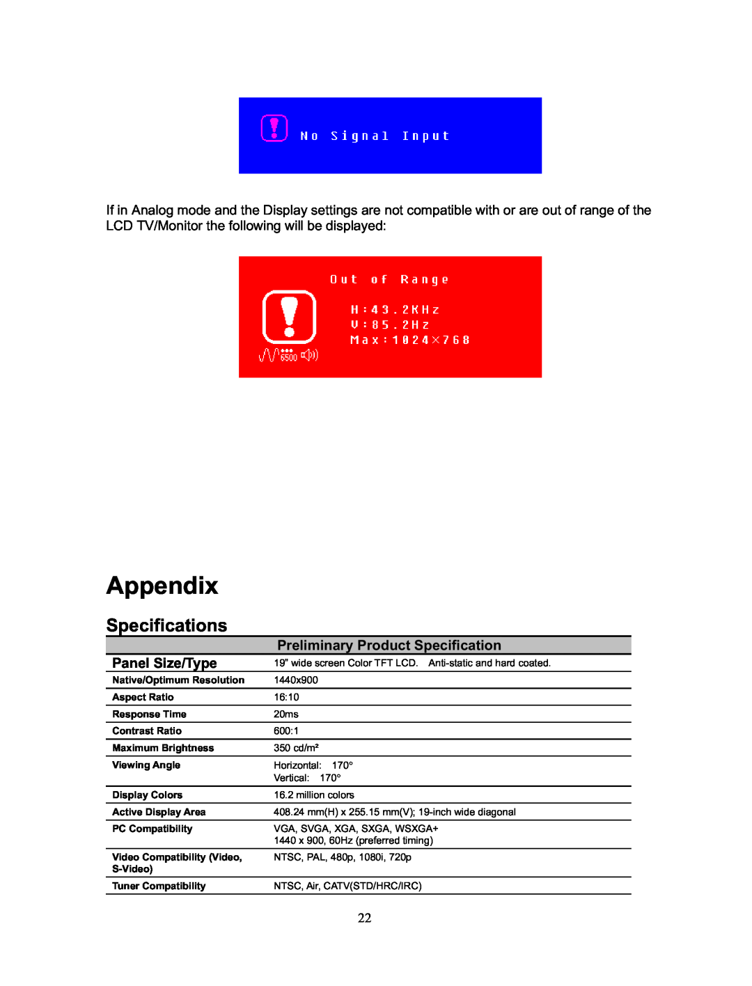 Sharp LTV-19w3 manual Appendix, Specifications 