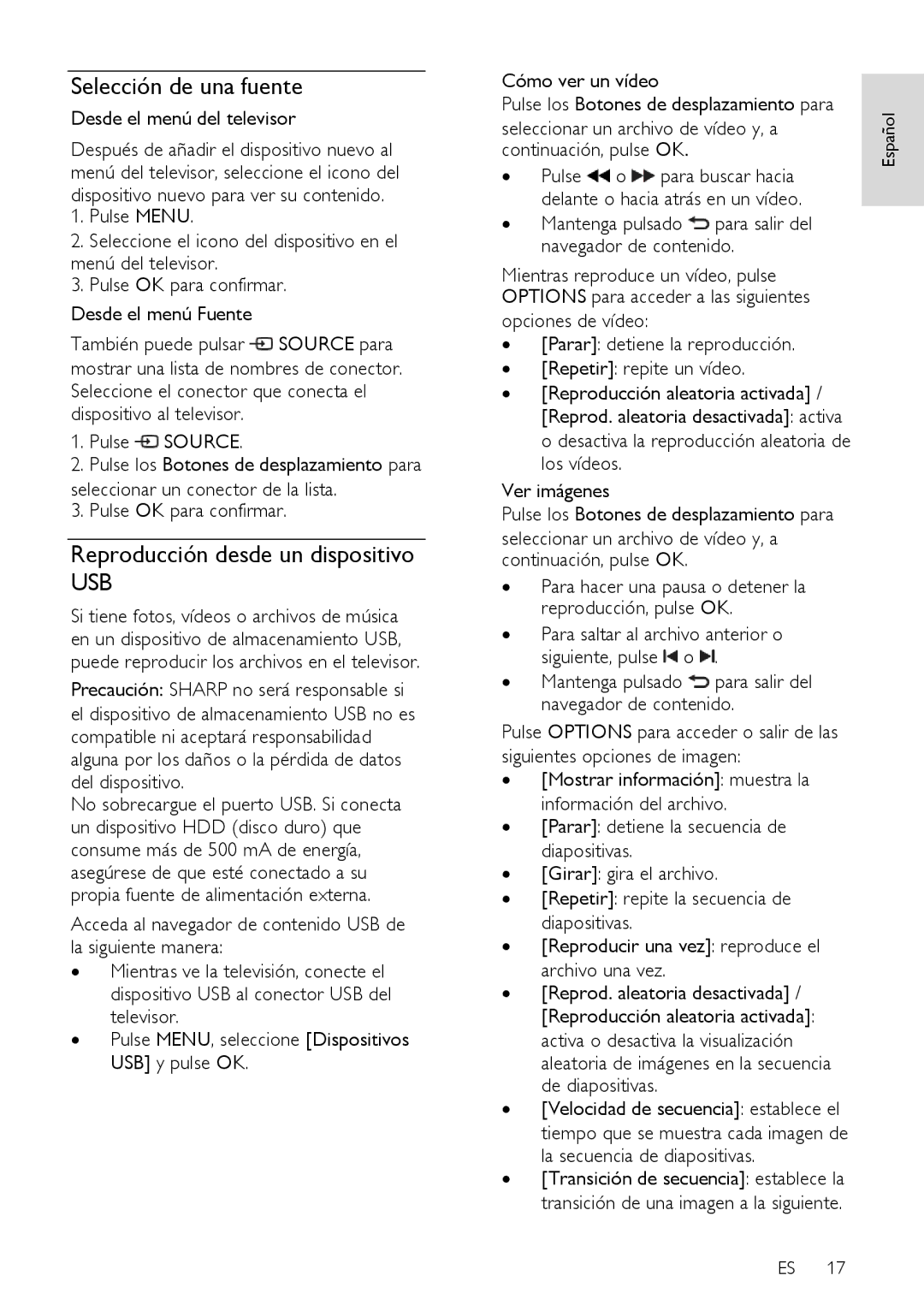 Sharp LU630E, LX632E, LX630E, LU632E Selección de una fuente, Reproducción desde un dispositivo, Desde el menú del televisor 