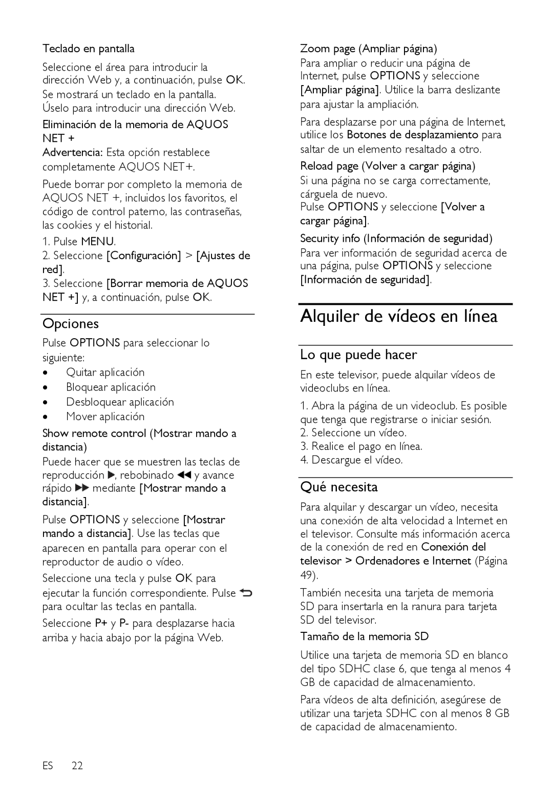 Sharp LE631E, LX632E, LX630E, LU630E, LU632E, LE630E, LE630RU, LE632E manual Alquiler de vídeos en línea, Opciones 