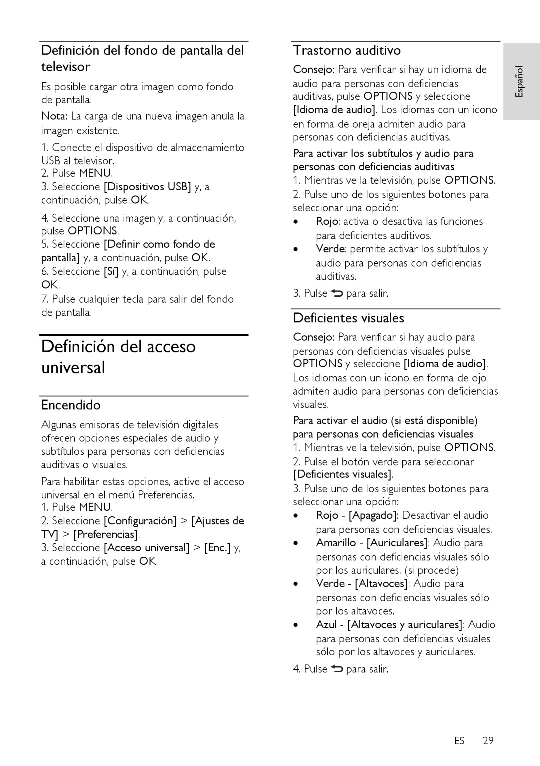 Sharp LE632E, LX632E Definición del acceso universal, Definición del fondo de pantalla del televisor, Trastorno auditivo 