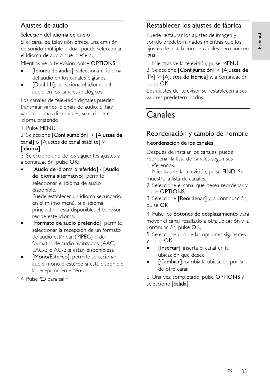 Sharp LE630E, LX632E, LX630E Canales, Ajustes de audio, Restablecer los ajustes de fábrica, Reordenación y cambio de nombre 