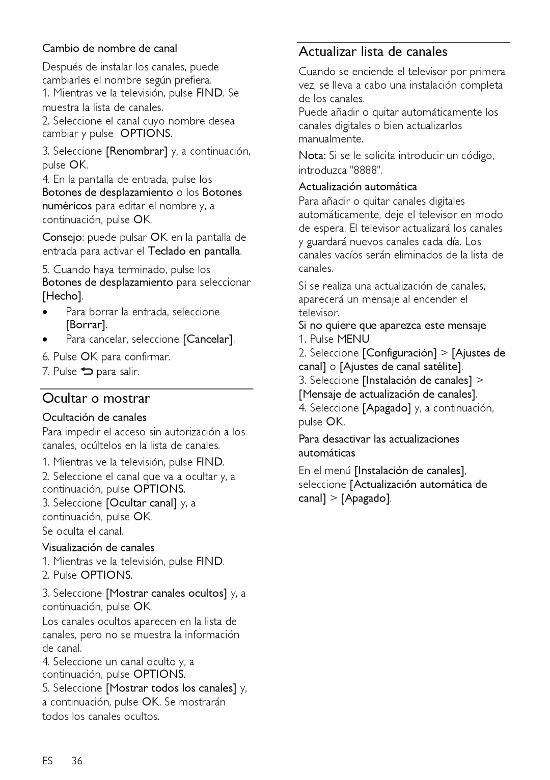 Sharp LE630RU, LX632E Ocultar o mostrar, Actualizar lista de canales, Cambio de nombre de canal, Ocultación de canales 