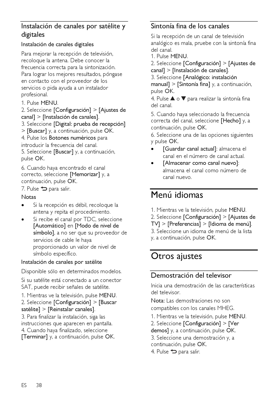 Sharp LE631E Menú idiomas, Otros ajustes, Instalación de canales por satélite y digitales, Sintonía fina de los canales 