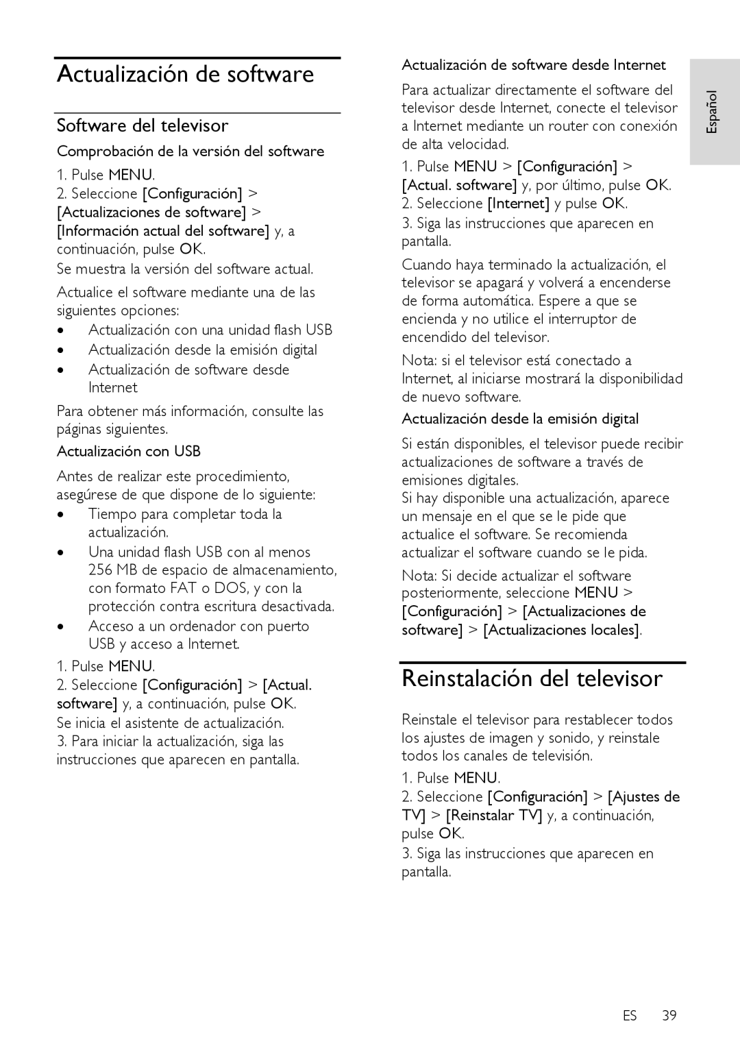 Sharp LX632E, LX630E Actualización de software, Reinstalación del televisor, Software del televisor, De alta velocidad 