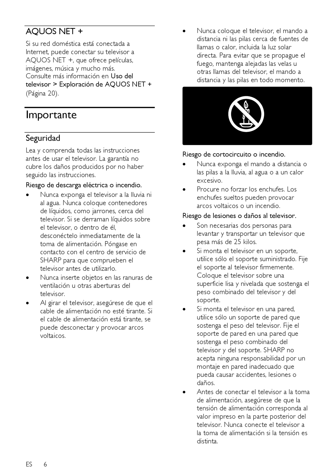 Sharp LE631E, LX632E, LX630E, LU630E, LU632E, LE630E Importante, Seguridad, Página, Riesgo de descarga eléctrica o incendio 