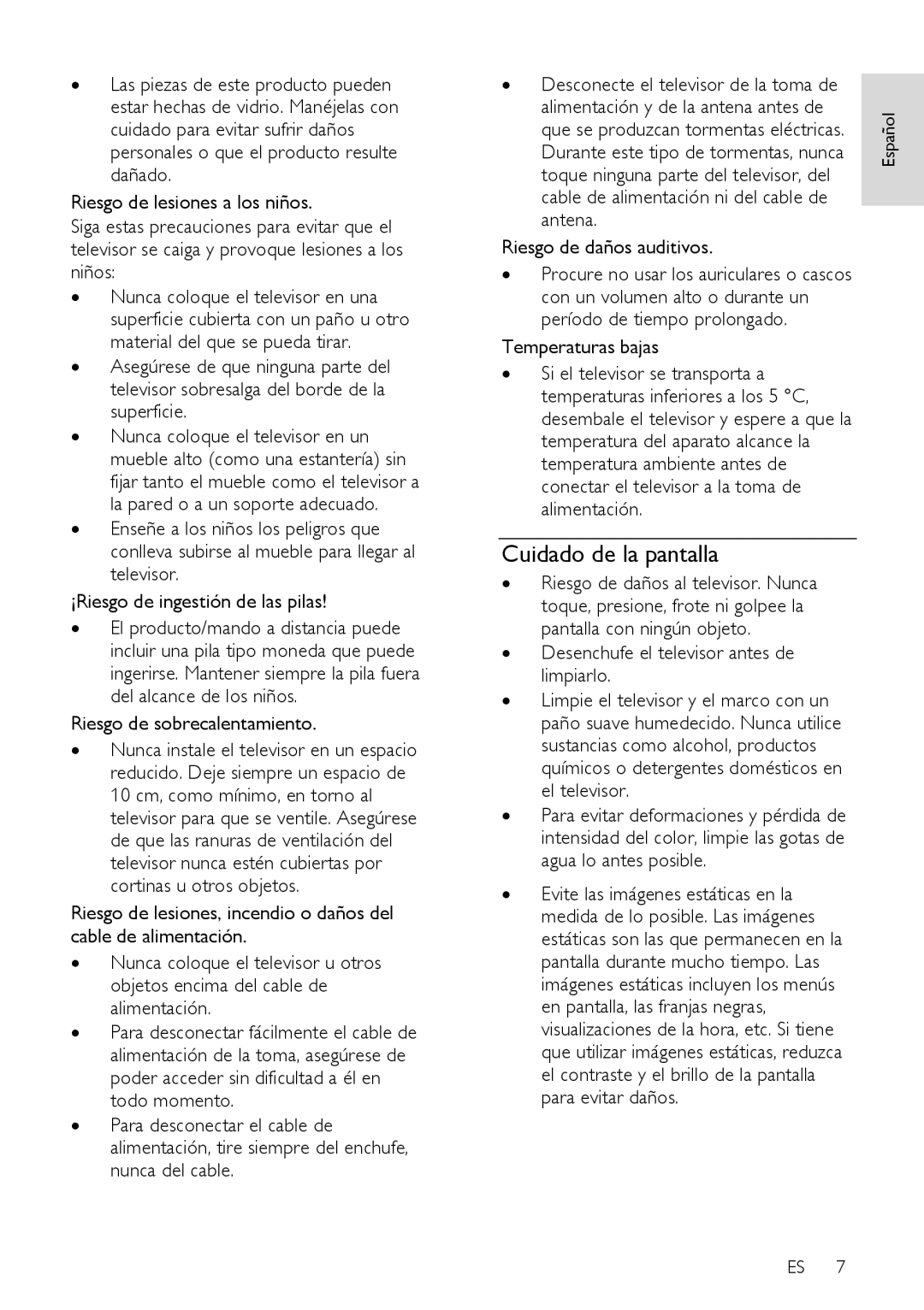 Sharp LX632E, LX630E, LU630E, LU632E Cuidado de la pantalla, Riesgo de sobrecalentamiento, Antena Riesgo de daños auditivos 