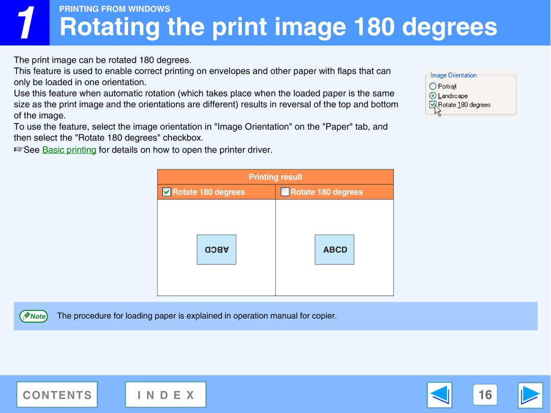 Sharp M270, AR-M230 manual Rotating the print image 180 degrees, Rotate 180 degrees 