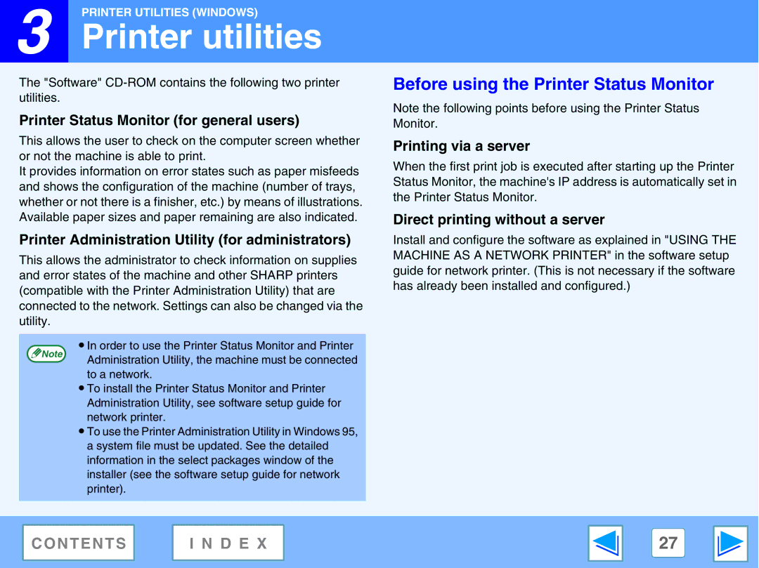 Sharp AR-M230, M270 manual Printer utilities, Before using the Printer Status Monitor 