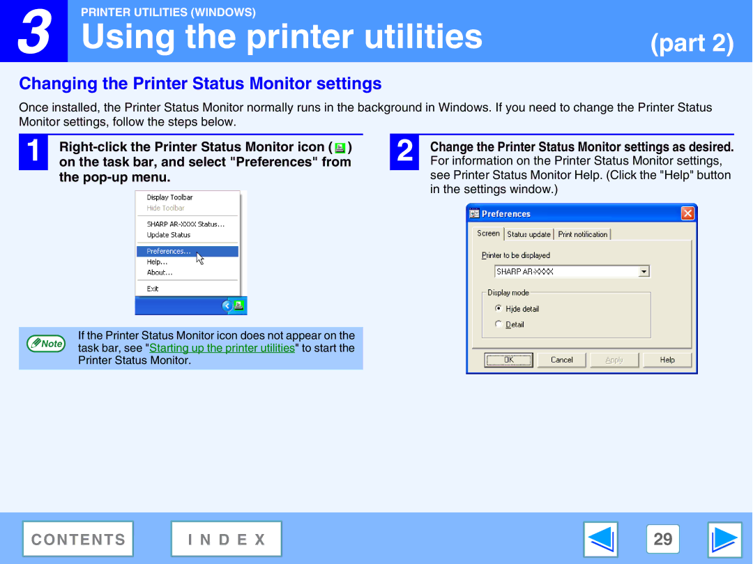 Sharp AR-M230, M270 Changing the Printer Status Monitor settings, Right-click the Printer Status Monitor icon, Pop-up menu 