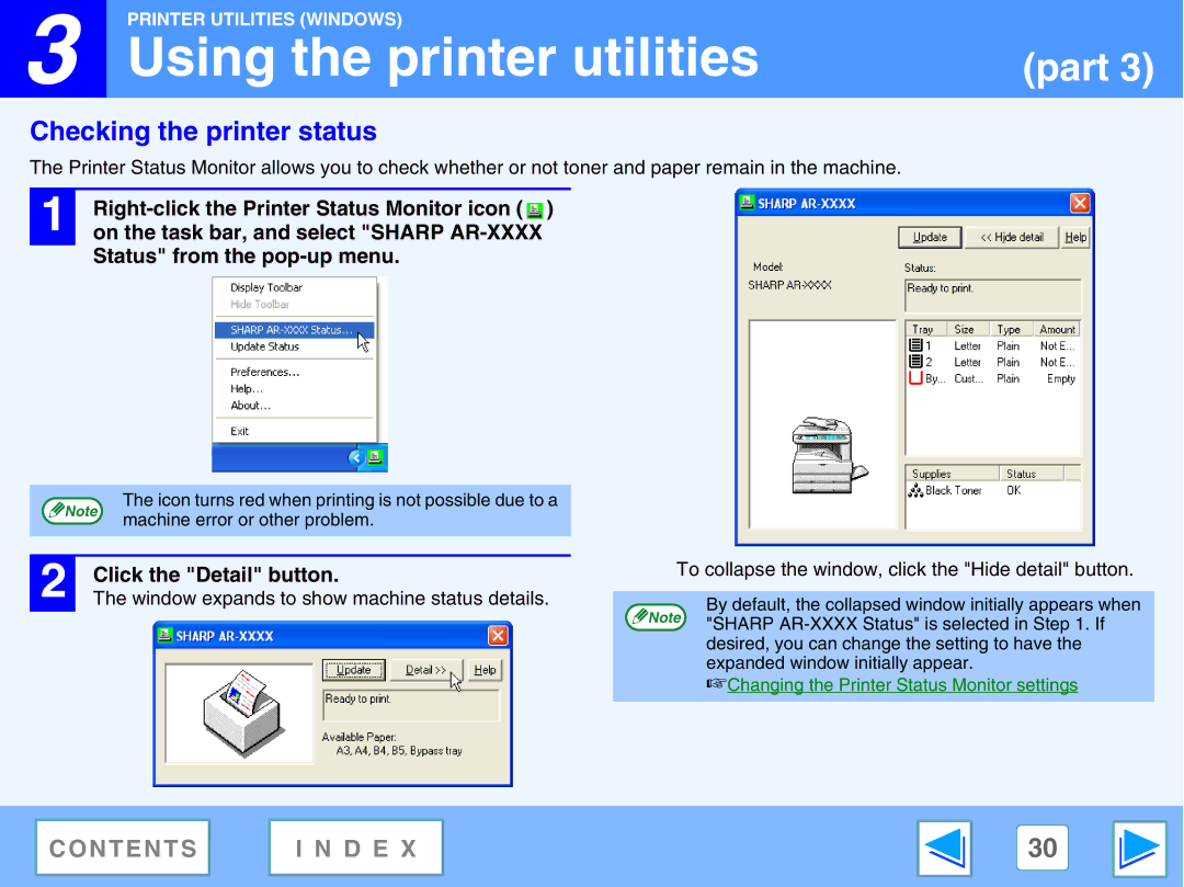 Sharp M270, AR-M230 Checking the printer status, On the task bar, and select Sharp AR-XXXX, Status from the pop-up menu 