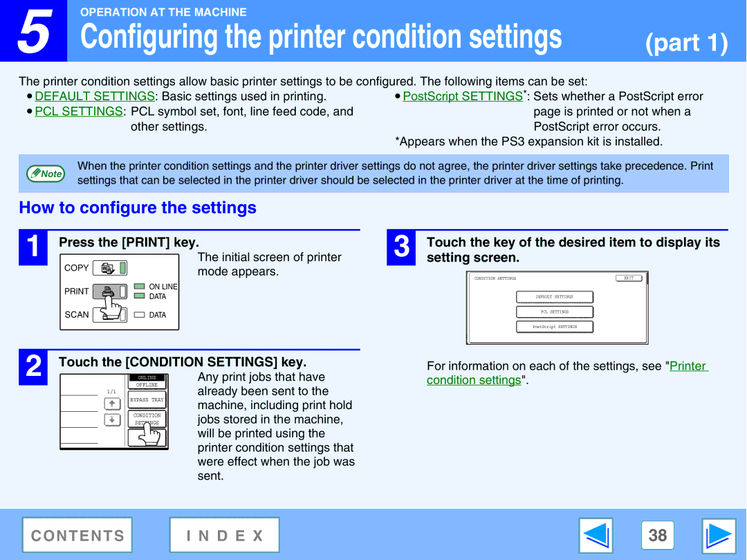 Sharp M270, AR-M230 How to configure the settings, Press the Print key, Touch the Condition Settings key, Setting screen 